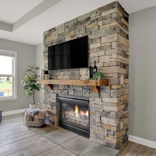 Samsung-Frame-TV-Mounted-on-Stone-Fireplace Samsung Frame TV Mounted on Stone Fireplace